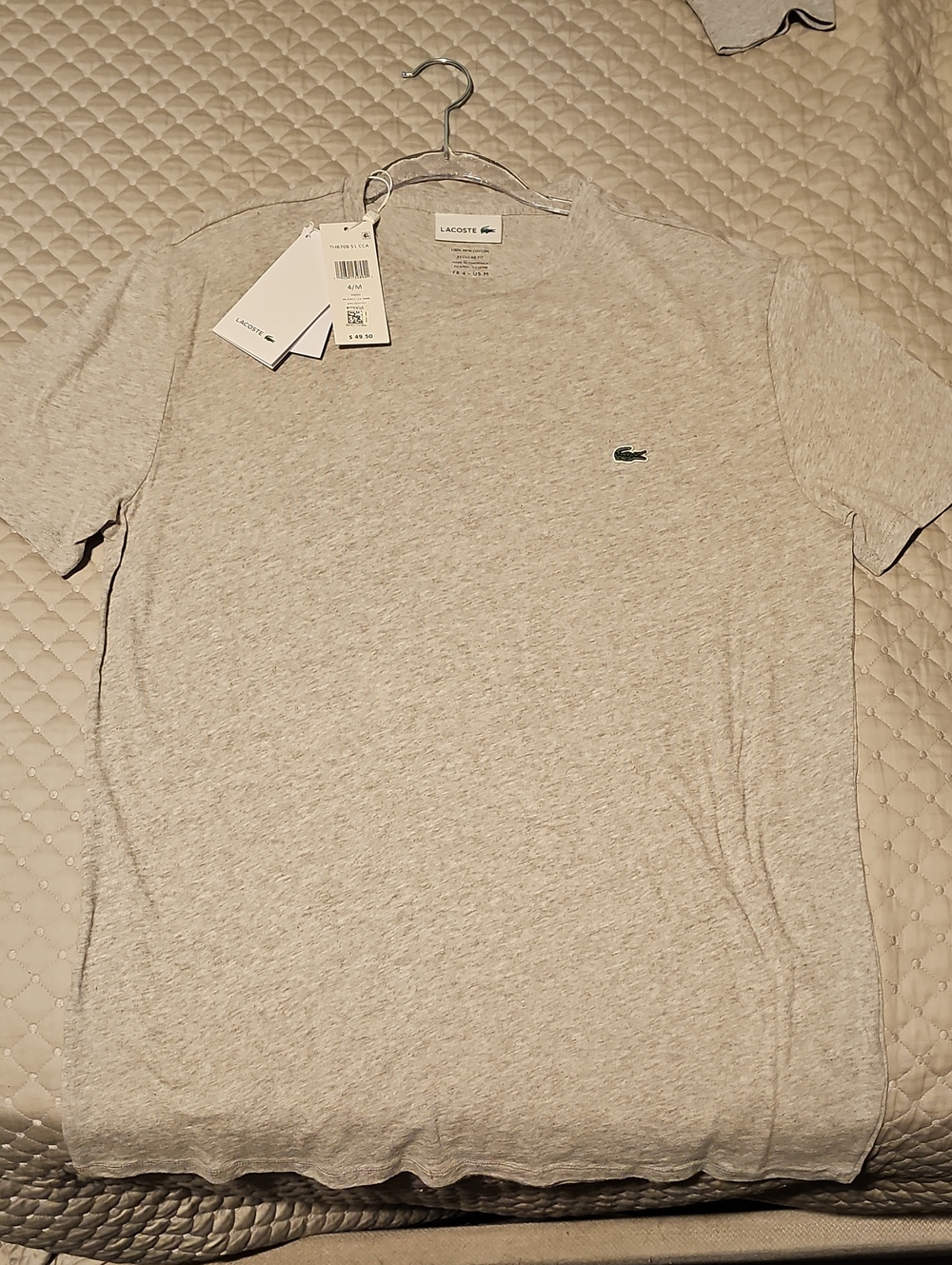 Lacoste Men's Light Heather Gray Crew Neck Tee with Green Crocodile